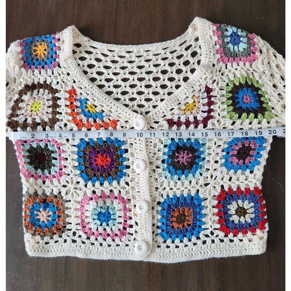 Unbranded Women's Granny Square Cropped Crochet Cardigan Size Large Hippie - Picture 4 of 6